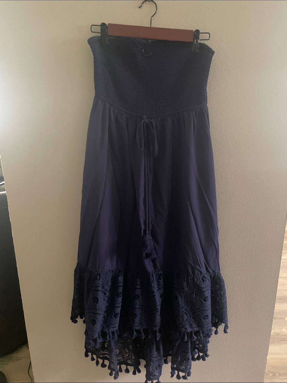 Cupshe Navy Blue Strapless Maxi Dress with Crochet Hem